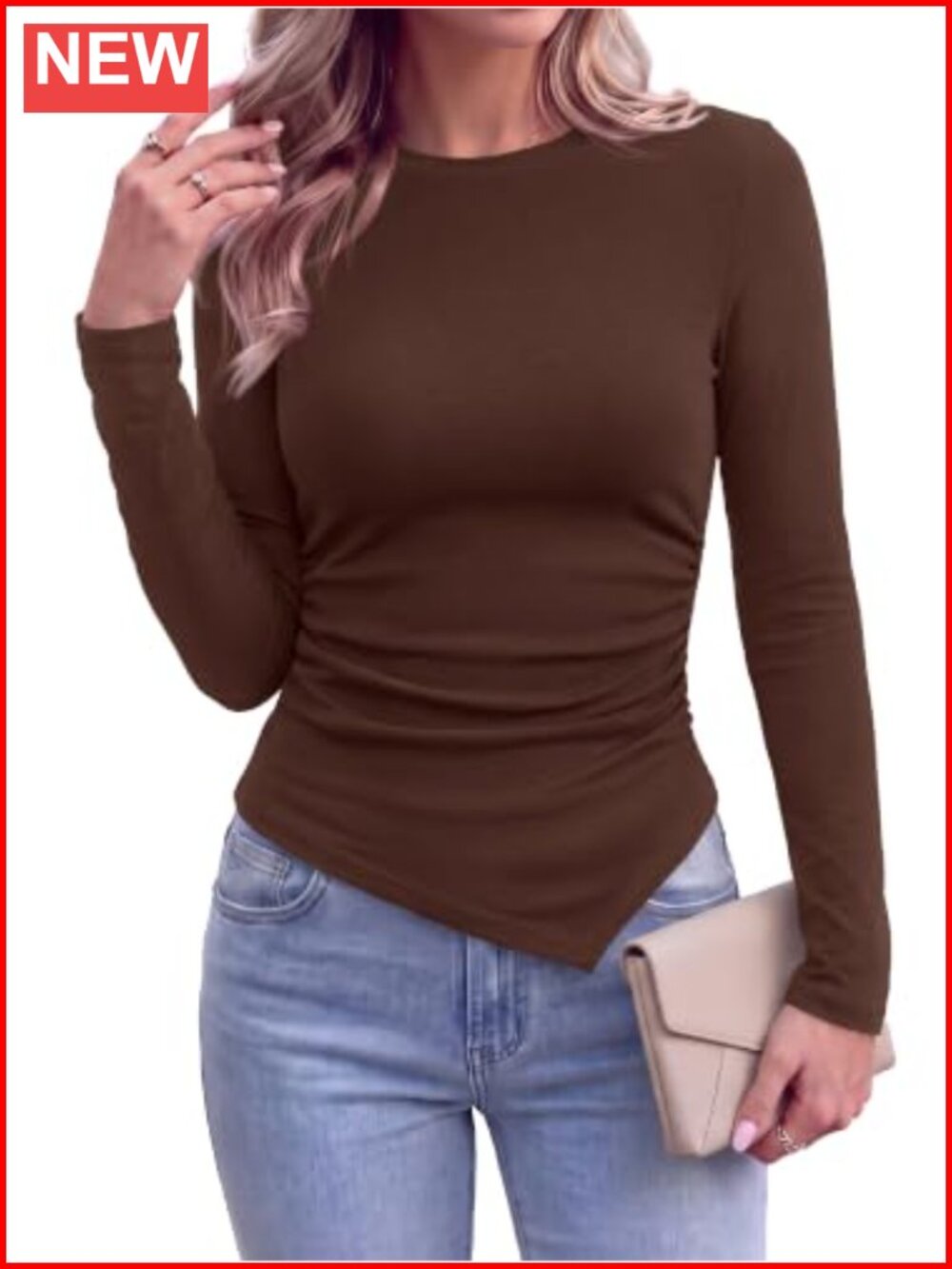 Women's Asymmetrical Ruched Long Sleeve Crew Neck Knit Top